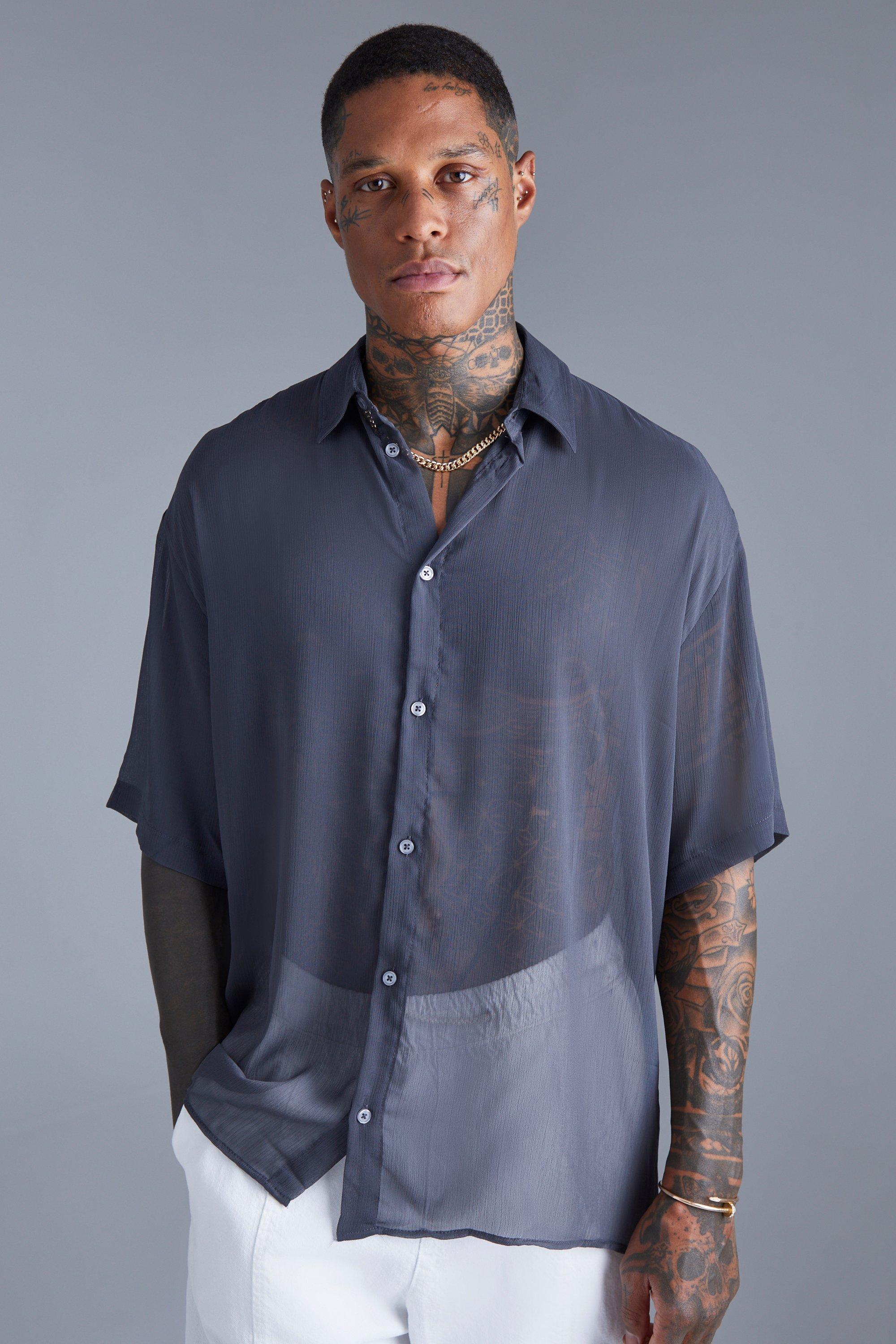 Mens Grey Oversized Boxy Chiffon Shirt, Grey